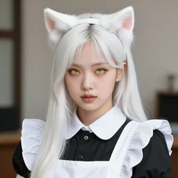 realistic beautiful gorgeous natural cute Blackpink Rose white hair cute white cat ears in maid dress outfit golden eyes artwork drawn full HD 4K highest quality in artstyle by professional artists WLOP, Taejune Kim, Guweiz, ArtGerm on Artstation Pixiv