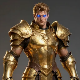 a highly detailed character portrait of a muscular man wearing a epic golden armor with glowing blue eyes concept art