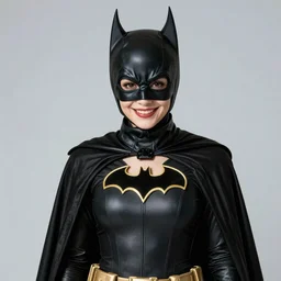 catwoman in the suit of batman, smiling at you