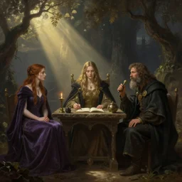 Liz (sorceress), Tim (bearded alchemist) presiding over the Council of Shadows | fantasy painting