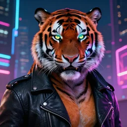 a beautfiul award winning commission portrait of an anthro tiger in the neon cyberpunk city at night,wearing a leather jacket,glow effect,detailed face,photorealistic,character design by charles bowater,ross tran,deviantart,artstation,digital art,hyperdetailed,realistic,western comic style,vfx,dramatic,2021