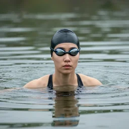 portrait of a woman swimming in a lake