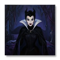 the black silhouette of disney's evil queen in a gothic dark bedroom facing the camera. in a painting style.