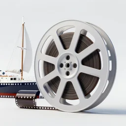 a modern color film strip reel of a boat sailing from left to right with 9 frames, each frame the boat moves a few inches