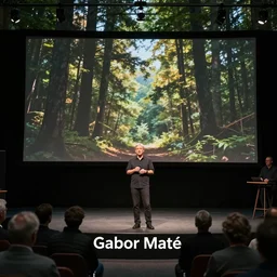 Gabor Maté giving lecture in a beautiful forest