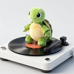 a turtle plushie on top of a vinyl record player, 30mm, by Noah Bradley trending on ArtStation, deviantart, high detail, stylized portrait