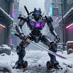 a samurai robot with neon kanji tattoos and wheel legs gripping a perfectly detailed katana in their hand with a badass pose. Snowy Grungy neon cyberpunk alleyways in the background Badass pose , Photo realistic , Gregory Crewdson , Award winning. Masterpiece, exquisite detail, post processing