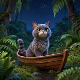 cat in a boat, ferns, jungle, night, stars, highly detailed, 3 d, realistic, unreal engine render concept art, 3 d, dark blue sky