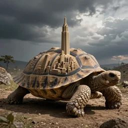 city carved into a giant tortoises back, fantasy, realistic