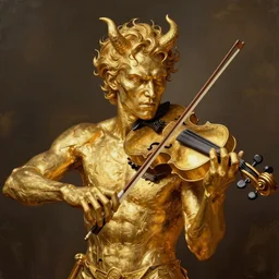 portrait of a man playing a violin made of gold, man is handsome, menacing and looks like devil, photorealistic, medium shot, cinematic lighting, digital art, illustration, very detailed, 1 2 3 4 by tom bagshaw