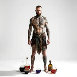 tattooed alchemist with potions, studio photography, full body, standing, isolated on a pure white background, centered, whole figure in frame, sharp focus, studio lighting