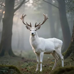 a beautiful illustration of a white deer in a forest, fantasy, morning light, mist, dreamy atmosphere, cinematic shot, high definition, detailed