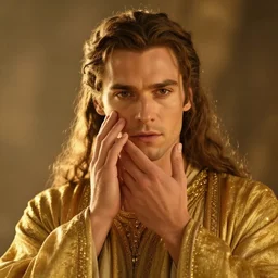 a beautiful closeup shot from a fantasy film of a man wearing a golden robe touching his face. portrait. golden hour. rim lighting. joseph ducreux, greg rutkowski.