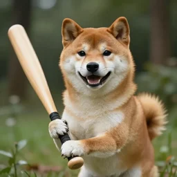 photo of a buff shiba inu holding a baseball bat in its hands. Forrest dof. Highly detailed 8k, fantasy