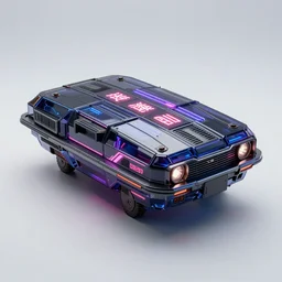 full shot of a box - shaped sci - fi flying vehicle made from dark glass and plastic surfaces with neon kanji decals in the style of bladerunner 2 0 4 9, lj gtr xu 1 torana, side lights, studio lighting, octane render, light background