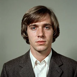 A photograph portrait of Jerma985 with short-medium length hair with bangs wearing late 1960s menswear in the late 1960s, taken in the early 1960s, grainy, taken on a 1960s Kodak Camera, realistic, hyperrealistic, very realistic, highly detailed, very detailed, extremely detailed, detailed, digital art, trending on artstation, colorized photo