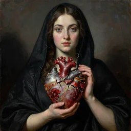 Oil painting of beautiful woman which holds surreal ornate heart in her hands, broken into pieces face, black cloth, the long shot, dramatic lighting, high-detailed oil painting by Michelangelo da Caravaggio, Alex Grey and Beksinski, masterpiece, 4k