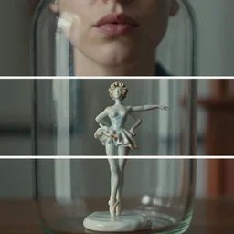 beautiful three point perspective film still of holly herndon in merce cunningham, extreme closeup still life in style of frontiers in blade runner miniature photography fashion architectural art studio edition, real - life porcelain statue in victorian glass jar, pursed lips, anatomically correct, pointe pose, tilt shift background, sharp focus, panavision, 8 k, macro, cinematic style
