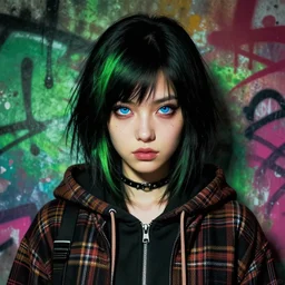 highly detailed portrait of a sewer punk lady student, blue eyes, tartan hoody, black hair by atey ghailan, by greg rutkowski, by greg tocchini, by james gilleard, by joe fenton, by kaethe butcher, gradient green, black, brown and magenta color scheme, grunge aesthetic!!! ( ( graffiti tag wall background ) )