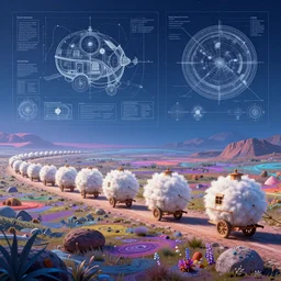caravan of fluffy orb merchant nomads traveling through a psychedelic landscape, in the style of Greg Broadmore and Arthur Rackham and Moebius, trending on artstation, light lighting side view,digital art,surrealism ,macro,blueprint ,vaporwave ,