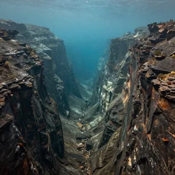 Deep canyon void underwater Depth in the style of Ansel Adams, Thomas Cole and Gustave dore