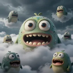of a dark and stormy sky large strange cute friendly creatures with big eyes, mouth and round teeth appearing from the clouds, in the style of Giger, macro lens, shallow depth of field, highly detailed, digital painting, trending artstation, concept art, illustration, cinematic lighting, vibrant colors, photorealism, epic, octane render