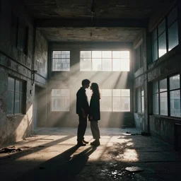 realistic interior of a brutalist architecture building and (((((two blurred silhouettes kissing in the distance))))), Godrays at sunset, hard shadows, volumetric fog, Hyper realistic film photography, Zeiss 24mm f2.8, Hasselblad, insanely detailed, sharp focus