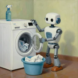 an oil painting of a robot doing the laundry