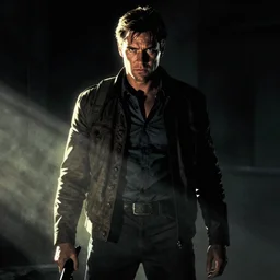 Movie poster of John Wayne, in the style of Greg Rutkowski and Jean Giraud, extremely moody lighting, glowing light and shadow, atmospheric, shadowy, cinematic