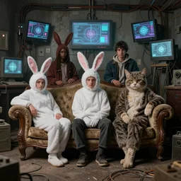 A group of people, each person is wearing either a rabbit costume or a cat costume, sitting on an old couch in an old room with dusty antique furniture all around, very detailed, cyberpunk wires and oled monitors on the walls, digital displays and holographic projections, ultrarealistic, dramatic lighting, electrical details, high details, 4k, 8k, best, accurate, trending on artstation, artstation, photorealism, ultrarealistic, digital painting, style of Caravaggio, Boris Vallejo