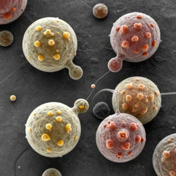 ultradetailed scientific 3D image of several beautiful spherical pollen eaten by amoebas, scanning electron microscope image, multi-colored, fractal patterns, 8K, octane renderer, award winning, perspective