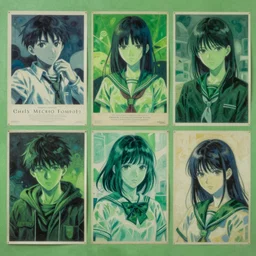 oil painting of anime posters on a green wall, green overtones, highly detailed, stylized, abstract
