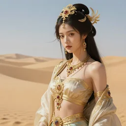 a goddess in the desert, fantasy, intricate and very beautiful and elegant, highly detailed, digital painting, artstation, concept art, smooth and sharp focus, illustration, art by tan zi and ayanamikodon and alphonse mucha and wlop