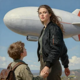 inside a flying zeppelin, beautiful tall aviator girl !!!! in black bomber jacket and an explorer boy holding hands, close up, cinematic, photorealistic, ultrarealistic, textured, painting by artgerm and greg rutkowski artstation