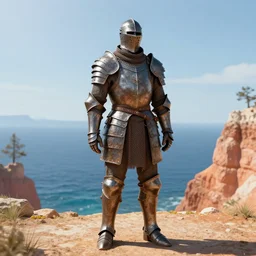full length portrait of a male warrior fully clad in rusty plate armor standing on the shoreline looking out at the ocean, rendered in bryce 3 d and daz, ray - tracing, water ripples, sunset, vibrant color, depth of field, cinematic lighting, sharp focus, rule of thirds, trending on artstation