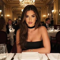 ! dream mila kunis sitting cross the camera wearing a black choker staring into the camera, point of view, expensive restaurant, intricate, elegance, highly detailed, shallow depth of field, artgerm, donato giancola, joseph christian leyendecker