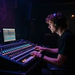 leslie keffer mixing music on stage, dark room, moody glow, neon glow, 8 k