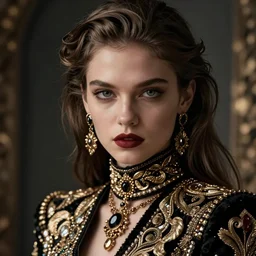 face shot portrait of attractive arrogant powerful young woman with luxury clothes, by greg rutkowski, by zdzislaw beksinski, very detailed, ornate, intricate, octane render, dark color lighting, volumetric lighting, 8 5 mm