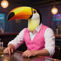 hyper realistic toucan-headed man wearing a pink vest and a white shirt sitting at a bar, vaporwave digital art