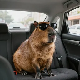 cool capibara in sunglasses sitting in the back of a taxi, cinematic, 4k, detailed, long shot, award winning