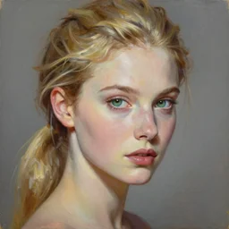 exquisite oil painting on canvas of a young beatiful woman's portrait, gorgeous face, pony tail, porcelain looking skin, blonde hair, piercing stare, green eyes, unique and intricate painting, breathtaking, elegant, majestic, 4 k, ultra high quality, photorealistic, by annie leibovitz