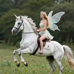 a fairy sitting on a galloping unicorn, CANON Eos C300, natural lights, award winning photography