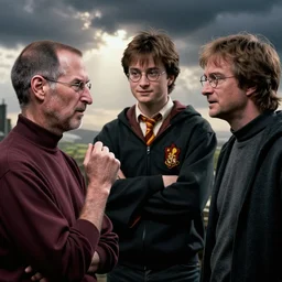 steve jobs, harry potter, john lennon, and gabe newell meeting each other, photograph