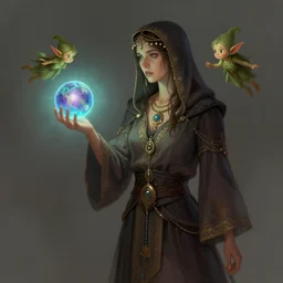 a digital concept art of a fortune - telling gypsy, a magic ball in her hand, a small elf flying beside her