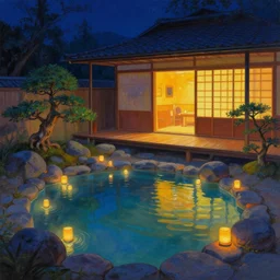 painting of night time intimate empty traditional onsen with glowing water by small inn floating lanterns by artgerm mullins rutkowski mucha without people bonsai zen garden warm inn bioluminescence traditional japanese architecture concept art fantasy octane raytracing vivid color indirect light artstation
