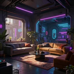 a photorealistic hyperrealistic render of a beautifully cyberpunk interior living room scene by greg rutkowski, wlop, artgerm, dramatic lighting, neon lights, strong shadows, volumetric, cinematic atmosphere, octane render, artstation, 8 k