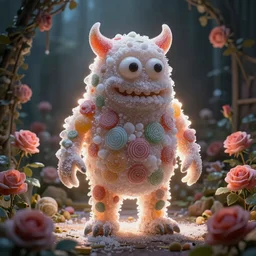a monster made of candy and sugar, rose garden, back lit, rim lighting, volumetric lighting, imposing, uneasy, cinematic, dramatic lighting, ray tracing, Arthur Rackham