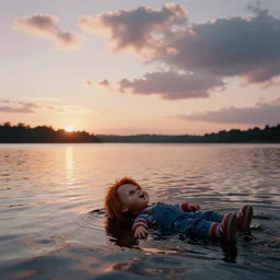 photo of sunset clouds with a calm lake in the background and a screaming chucky swimming ashore by greg rutkowski cinematic 3 5 mm film
