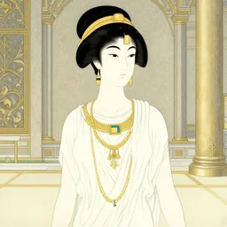 Cleopatra in her palace, beautiful woman, japanese style, by Akihiko Yoshida, Kenny McBride, Moebius, intricate, elegant white dress, vibrant, pretty face, red white background, fine details, perfect, gold decorations, 8k high detail, masterpiece