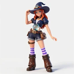 sorceress, hat, wide leather boots, short shorts, striped socks, glass ball at the waist, bag over the waist, smiling, many colors, colorful, all colors, highly saturated colors, greg rutkowski, fantasy, detailed illustration, hd, 4k, digital art, overdetailed art, concept art, trending on artstation